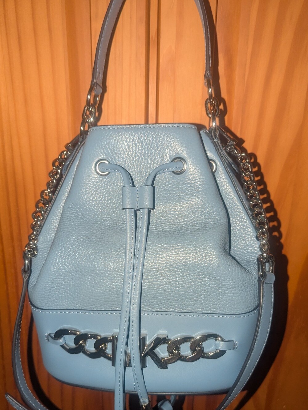 Michael Kors Devon Blue Leather Drawstring Bucket Bag With Silver Hardware